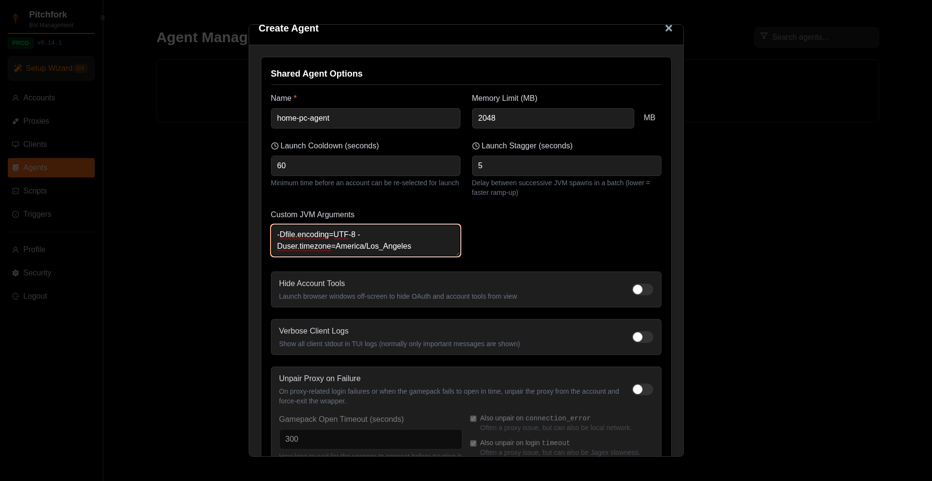 Create Agent modal with example values