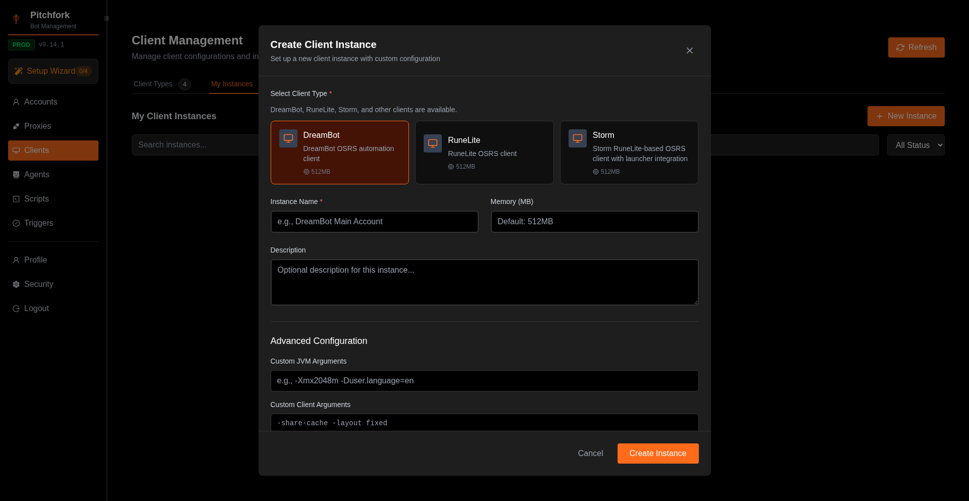 Create Client Instance modal