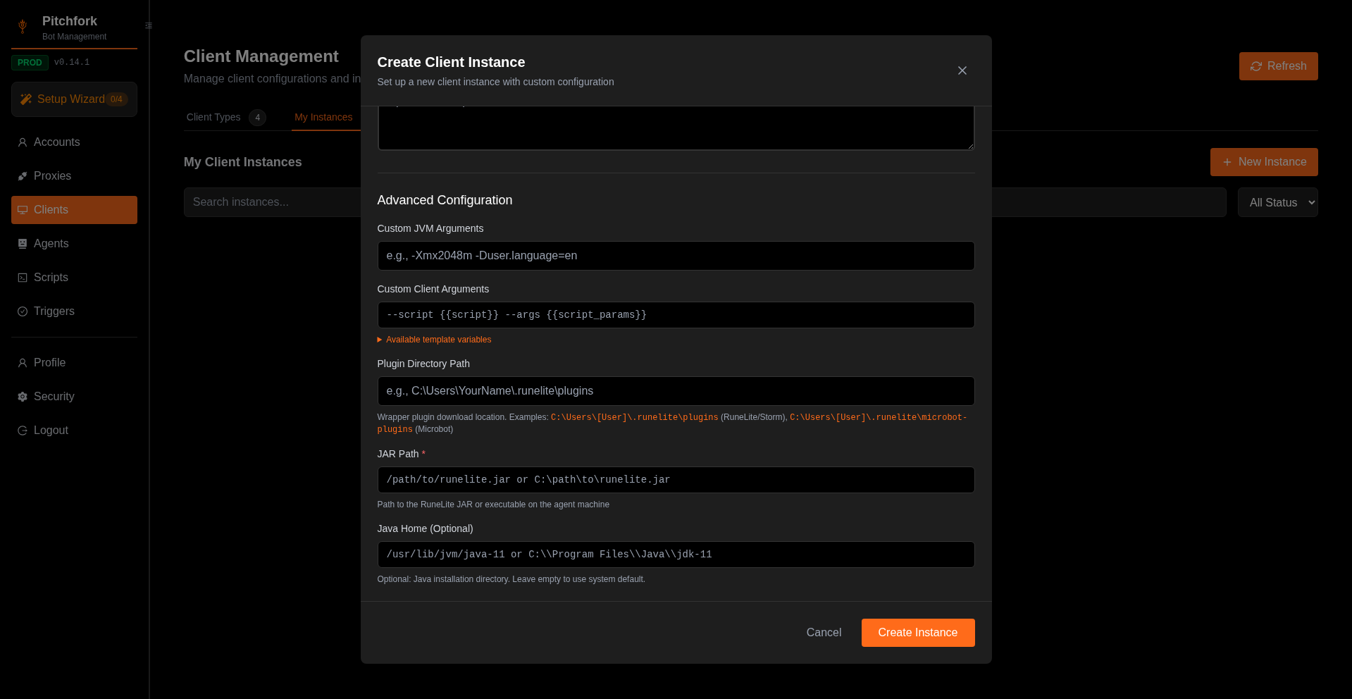 Create Client Instance — RuneLite selected, JAR Path visible