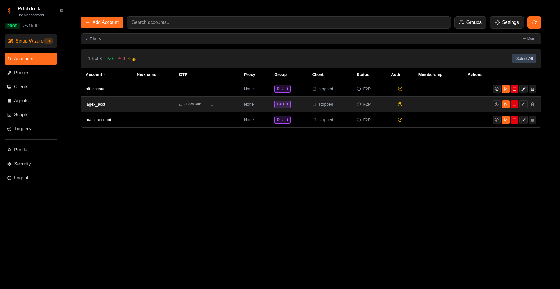 Accounts page after import showing three accounts