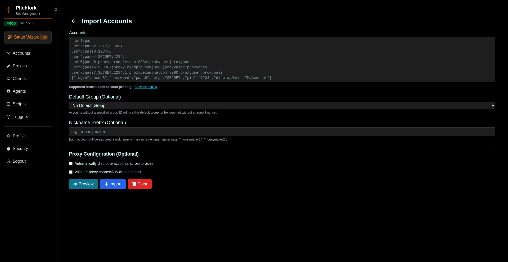 Import Accounts form, empty