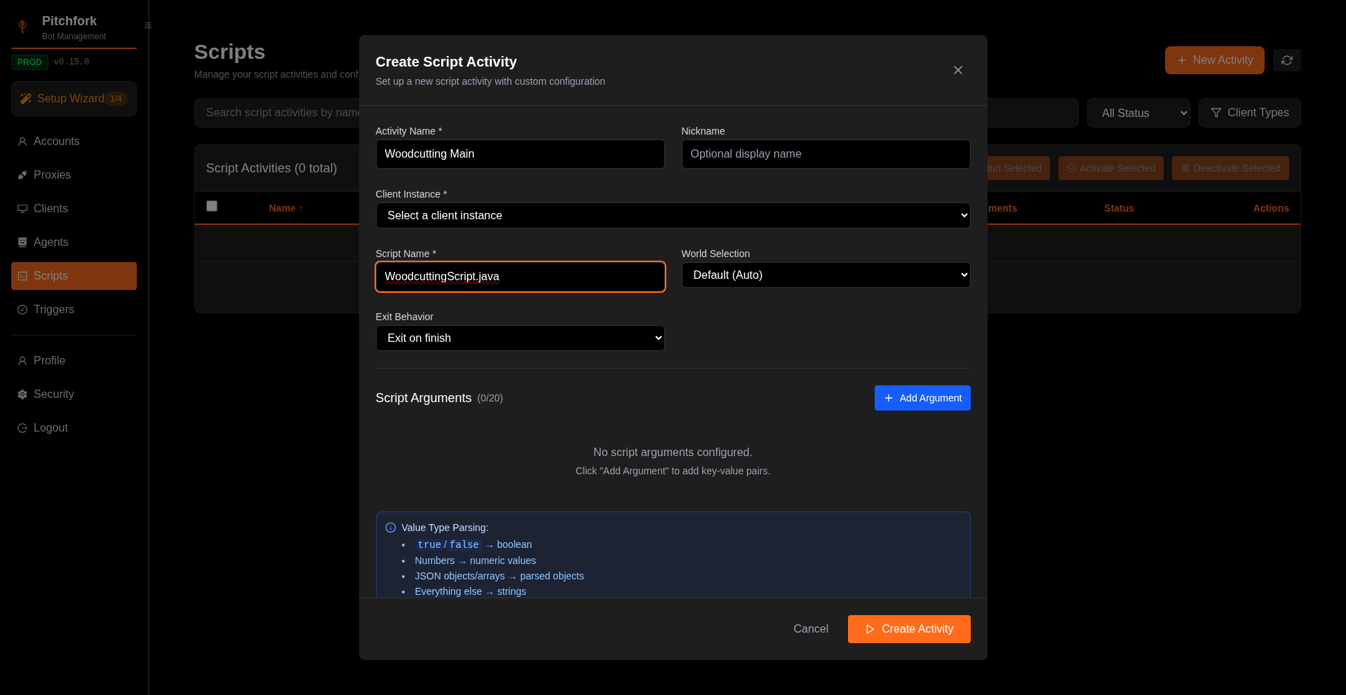 Create Script Activity form with example values